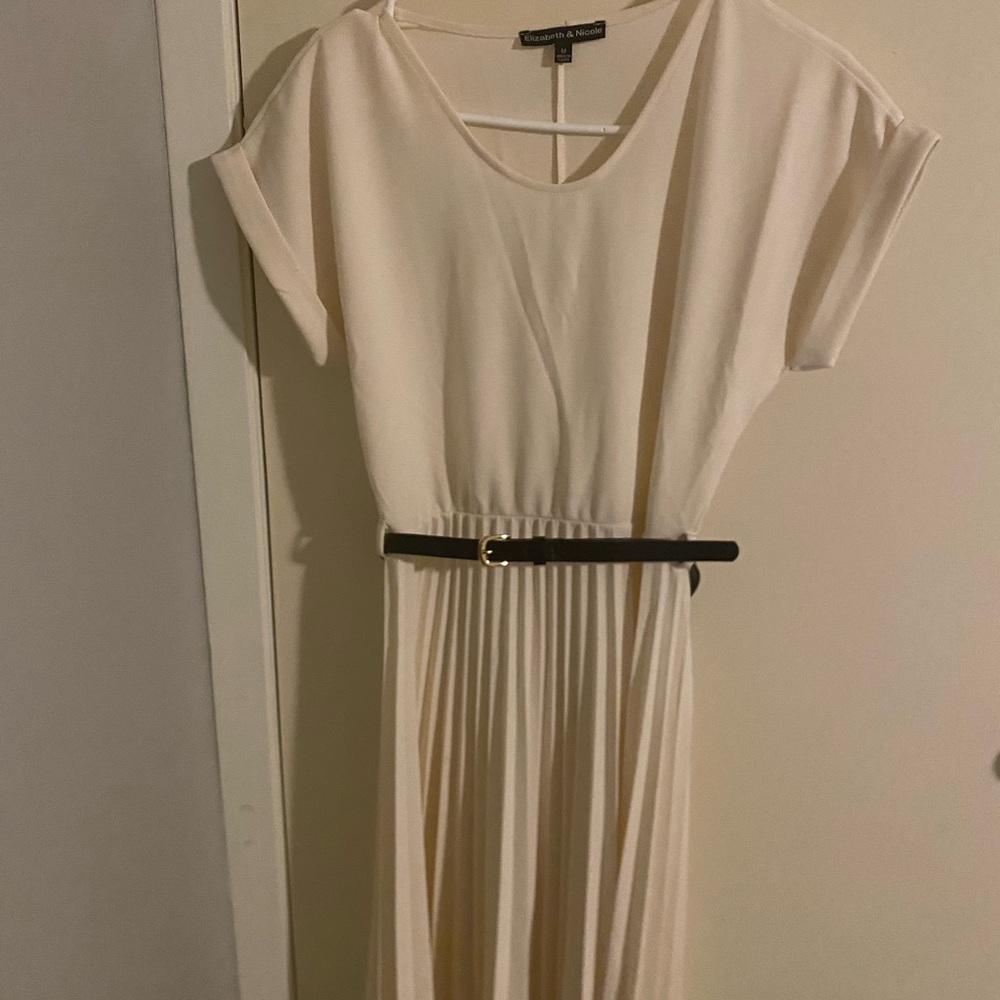 Massimo Dutti Cream Midi Dress with Black Belt